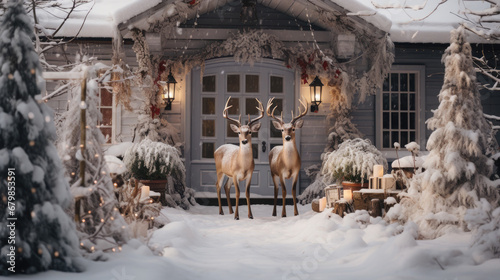 beautiful wild deer on the street of a snowy winter city, decorated for Christmas, house, postcard, New Year, fawn, doe, animal, yard, white snowdrifts, symbol, nature, holiday, eve, fairy tale, trees