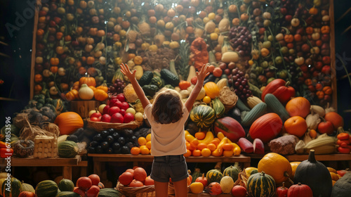 Small Child Reaching Up Toward a Bountiful Mountain of Food Piled High with Endless Fresh Fruits and Abundant Colorful Vegetables. Generative AI. photo