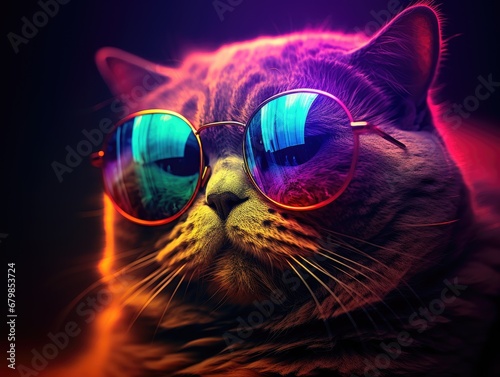 Stylish cat posing in sunglasses. Close portrait of furry kitty in fashion style. Illustration for cover, card, postcard, interior design, banner, poster, brochure or presentation. © Login