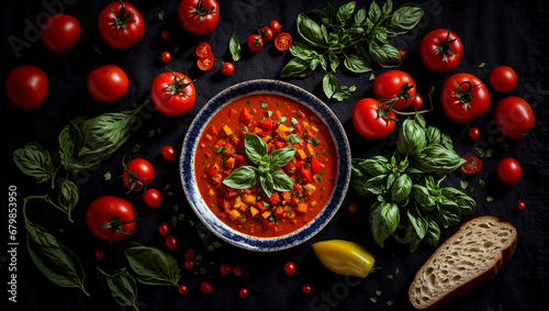 Traditional spanish gazpacho soup with tomatoes and basil in the kitchen