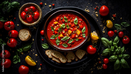 Traditional spanish gazpacho soup with tomatoes and basil in the kitchen