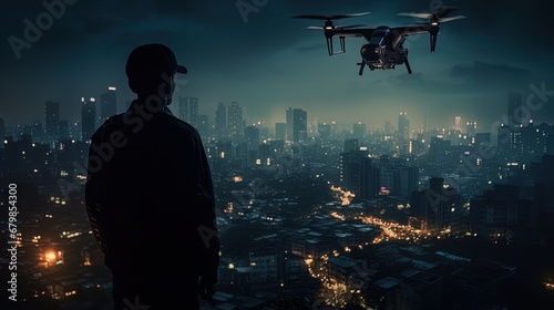 Picture a focused and serene drone operator blending seamlessly into the neo-noir cityscape