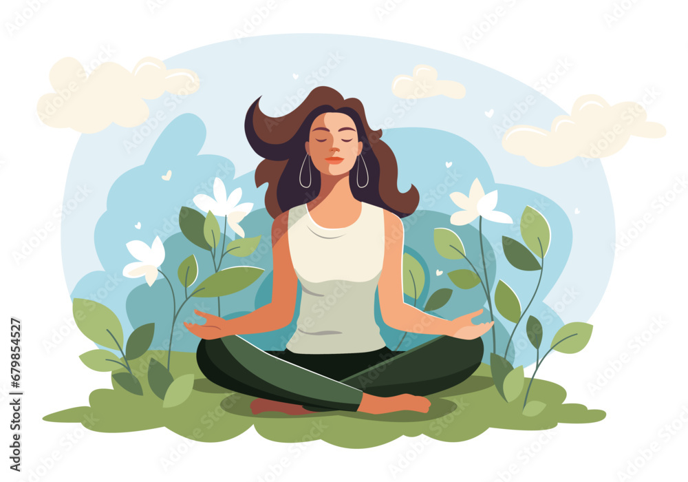 Happy girl sitting and meditating among flowers. Mental Health Awareness Month. Relax and positive, happiness, harmony