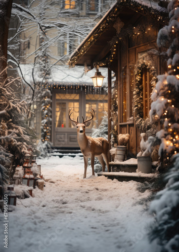 beautiful wild deer on the street of a snowy winter city, decorated for Christmas, house, postcard, New Year, fawn, doe, animal, yard, white snowdrifts, symbol, nature, holiday, eve, fairy tale, trees