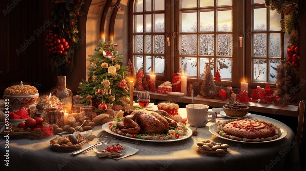 Fototapeta premium Christmas Feast for a Delighted European Family