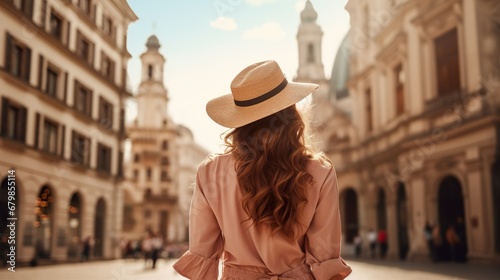 Fototapeta Naklejka Na Ścianę i Meble -  pretty woman tourist walking by old European city, person have summer vacation at Europe, female travel by streets of Italy or France