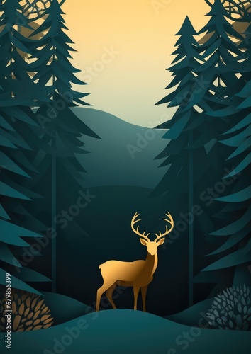 Perfect illustration of christmas greeting card with deer  in winter nature. Generative Ai.