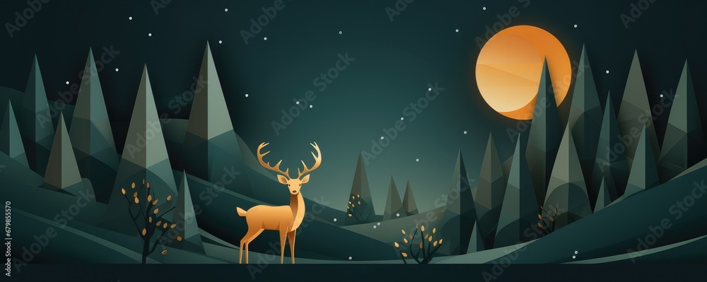 Perfect illustration of christmas greeting card with deer, in nature panorama banner. Generative Ai. - obrazy, fototapety, plakaty 
