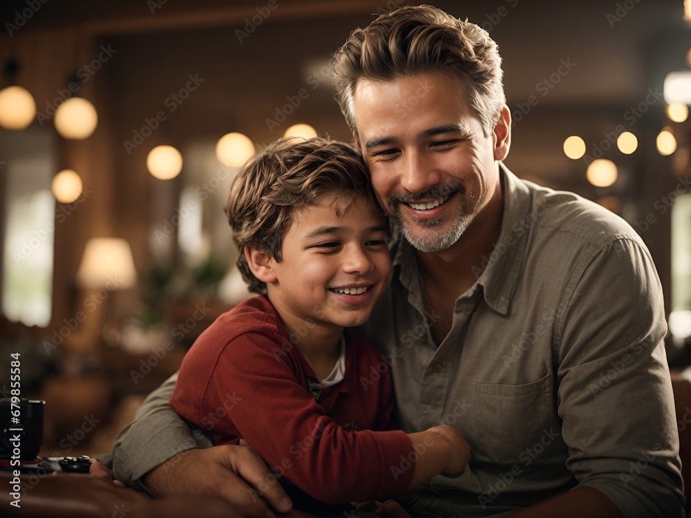 Capture a heartwarming candid moment of a Father and son playing , sharing fun, love, and togetherness. Capture a heartwarming candid moment of a Father and son playing , sharing fun, love, and togetherness.