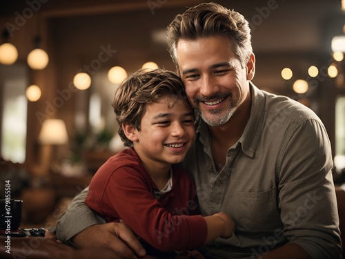 Capture a heartwarming candid moment of a Father and son playing , sharing fun, love, and togetherness. 