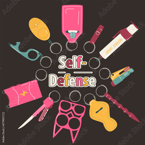 Set of keychains for self-defense, pepper spay, kay, stun gun, knuckle duster, alarm, case, whistle, knife, glass breaker