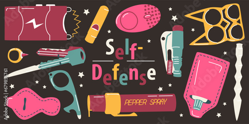 Set of stuff for self-defense, pepper spay, kay, stun gun, knuckle duster, alarm, case, whistle, knife, glass breaker