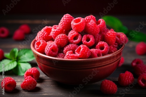 Tempting Red Raspberries in Clay Bowl on Wooden Table with Vibrant and Captivating Background
