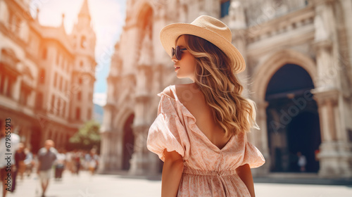 Fototapeta Naklejka Na Ścianę i Meble -  pretty woman tourist walking by old European city, person have summer vacation at Europe, female travel by streets of Italy or France