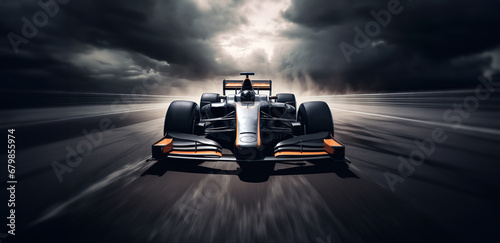 formula rrs racing car, in the style of dramatic atmospheric perspective, dark silver and light orange photo