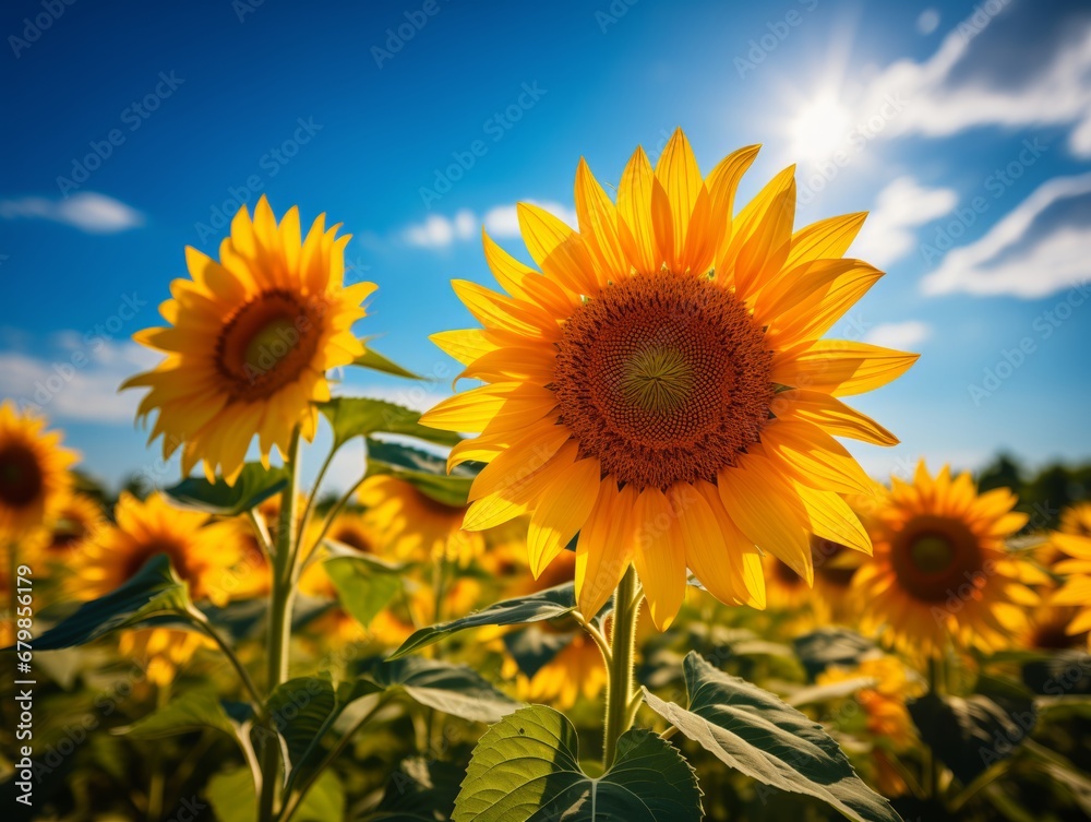 Bright Yellow Sunflowers Blooming in Field Under Sunny Sky Bright Yellow Sunflowers Blooming in Field Under Sunny Sky