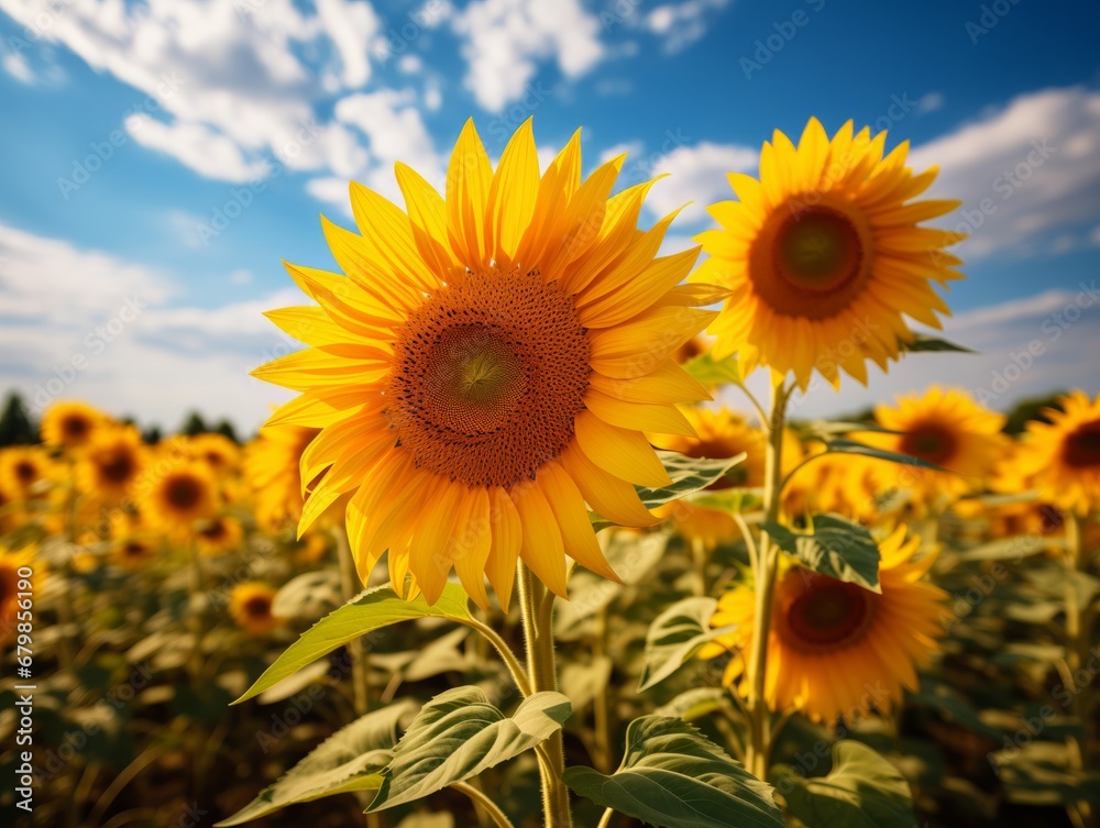 Bright Yellow Sunflowers Blooming in Field Under Sunny Sky Bright Yellow Sunflowers Blooming in Field Under Sunny Sky