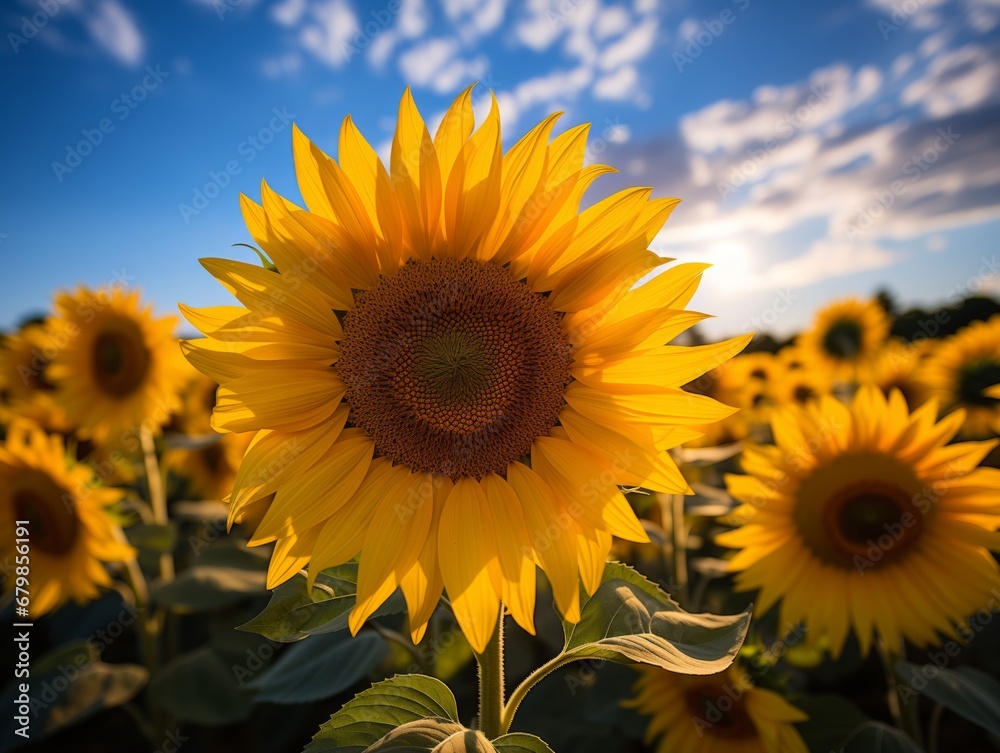 Fototapeta premium Bright Yellow Sunflowers Blooming in Field Under Sunny Sky