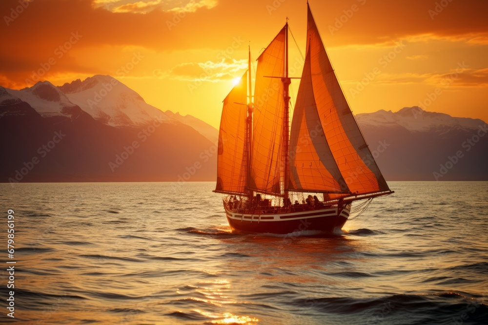 Majestic Sunrise. Sailing Ship Gliding on Golden Seas with Distant Mountain Vista