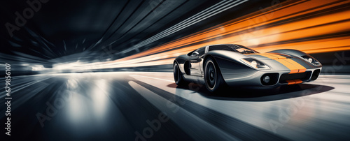 racing car in motion driving on a road, in the style of dark silver and light orange