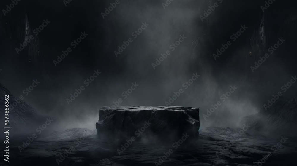 Podium black dark smoke background product platform abstract stage texture fog spotlight. Dark black floor podium dramatic empty night room table concrete wall scene place display studio smoky dust