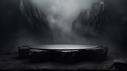 Podium black dark smoke background product platform abstract stage texture fog spotlight. Dark black floor podium dramatic empty night room table concrete wall scene place display studio smoky dust