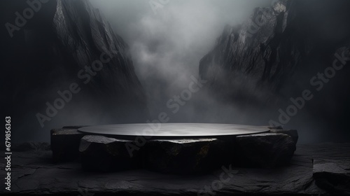 Podium black dark smoke background product platform abstract stage texture fog spotlight. Dark black floor podium dramatic empty night room table concrete wall scene place display studio smoky dust