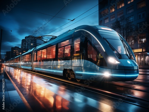 Modern High-Speed Train Traveling Through City at Dusk © D.Myts
