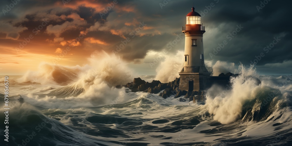 A Red And White Lighthouse Stands Tall During A Stormy Sunset A Red And White Lighthouse Stands Tall During A Stormy Sunset