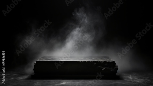 Podium black dark smoke background product platform abstract stage texture fog spotlight. Dark black floor podium dramatic empty night room table concrete wall scene place display studio smoky dust photo