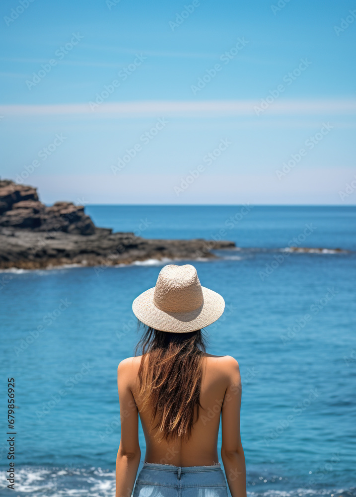 back view of woman in summer sun hat standing by sea or ocean water an looking at nature, follow me concept