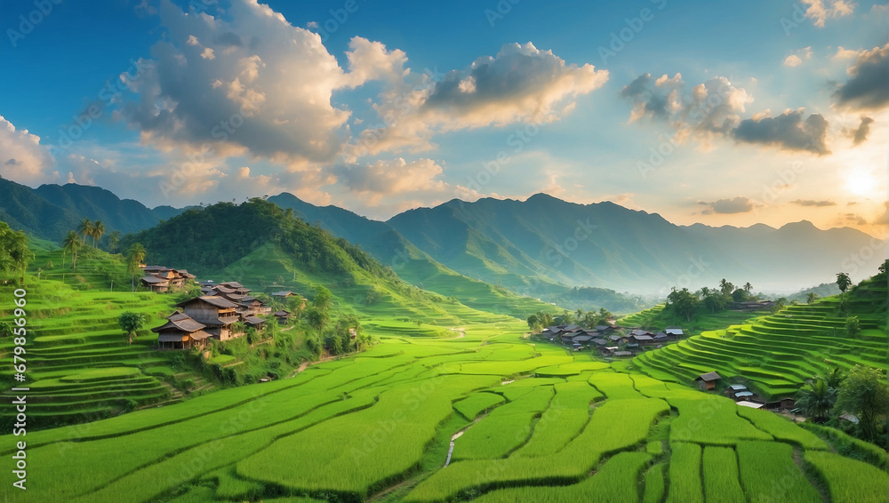 Fototapeta premium Green Landscape of Mountain Hills and Rice Field in The Village