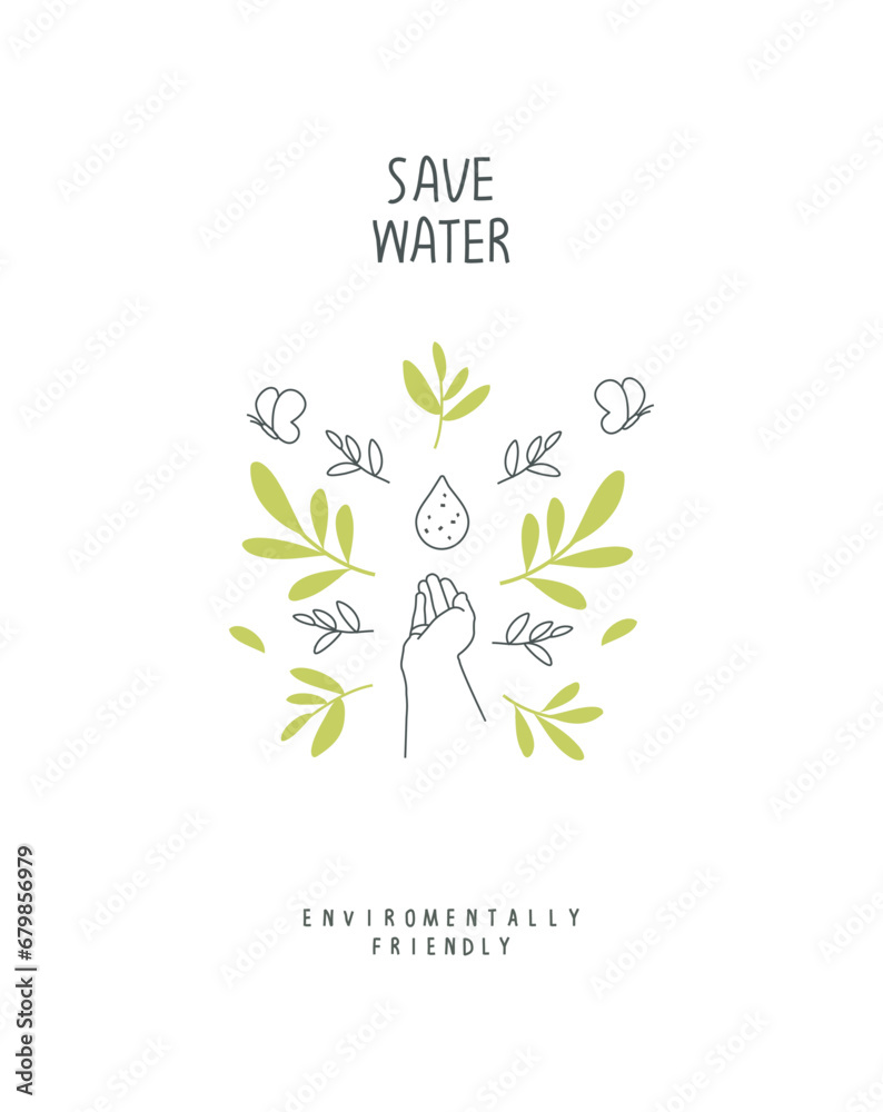 Vector illustration of Environmentally friendly planet concept. . Hand drawn cartoon sketch with water conservation sign and green leaves, sprouting branches all around Think Green. Protect the World 