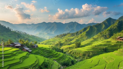 Green Landscape of Mountain Hills and Rice Field in The Village © adynue