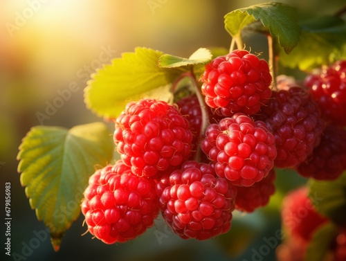 Ripe Raspberries on a Branch in Sunlight