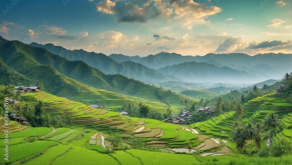 Green Landscape of Mountain Hills and Rice Field in The Village