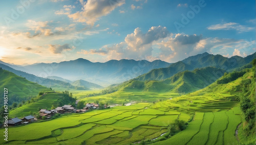 Green Landscape of Mountain Hills and Rice Field in The Village
