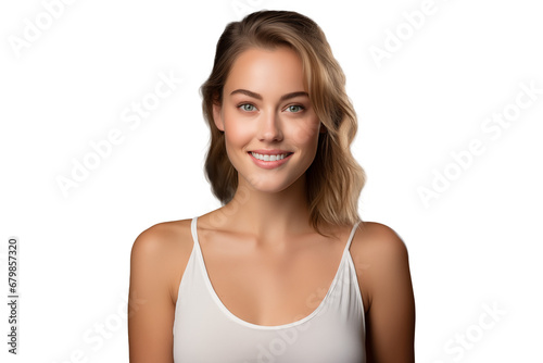 portrait of a beautiful blonde young girl with natural healthy skin and a radiant smile, ideal for skincare facial care, and rejuvenation purposes
