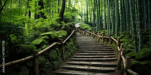Winding Path Through Lush Bamboo Forest After Rain