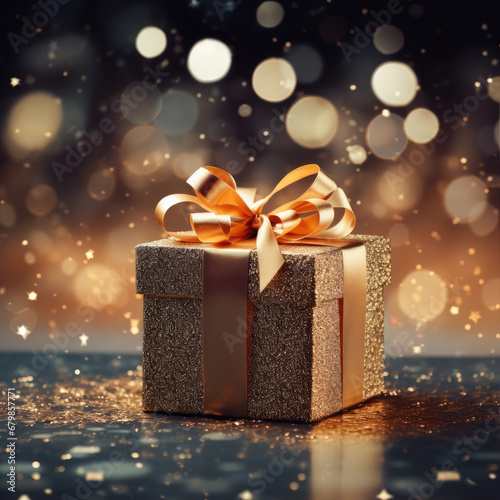 Christmas style Product podium scene with flying falling white gift box with gold bow. Merry Christmas and New Year festive banner design, greeting card. AI technology.