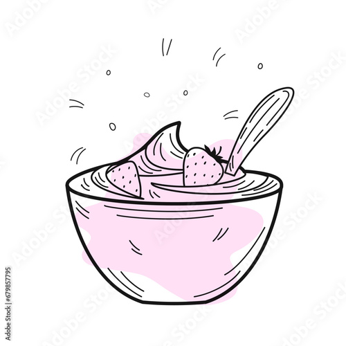 A bowl of fruity strawberry yogurt. Dairy products. Dessert. Organic homemade food. Vector illustration in hand drawn doodle style. Nutrition concept. Kitchen image. Illustration for a cookbook. 