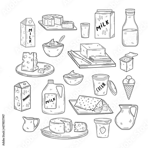 Set of dairy products. Milk, butter, fruit yoghurts, sour cream, different types of cheese, ice cream. Dairy products. Vector illustration in hand drawn doodle style. Nutrition concept. Kitchen image.