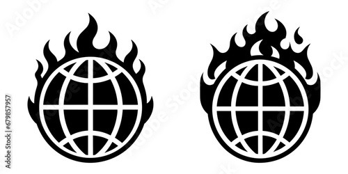 Globe icons set. Black icon of Globe with flame on white background.