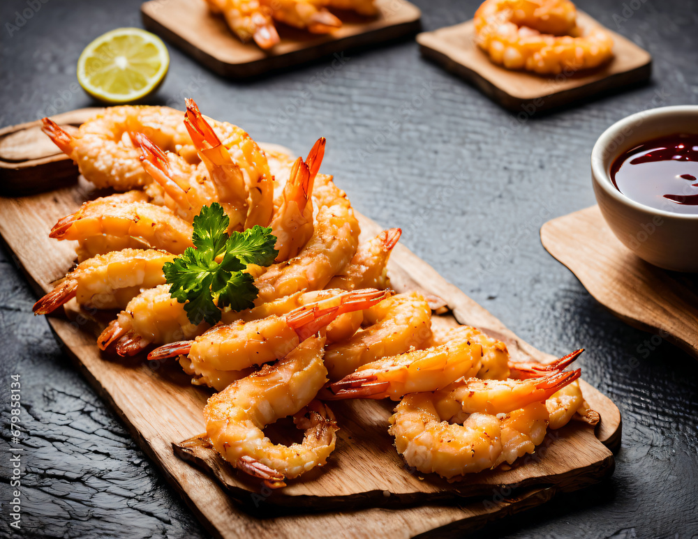 Crispy Shrimp Tempura on a Wooden Board, with a Bowl of Sauce Crispy Shrimp Tempura on a Wooden Board, with a Bowl of Sauce