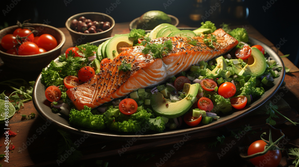 Grilled salmon fish fillet and fresh green lettuce vegetable tomato salad with avocado generative ai