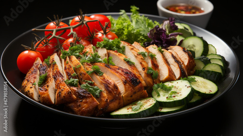 Grilled chicken breast, fillet fresh vegetable salad. Healthy lunch menu chicken meat. generative ai