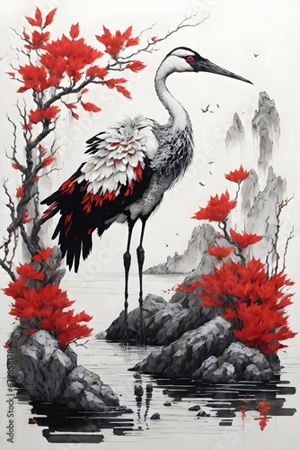 Fotografia Artistic Fusion of Crane and Floral Motifs in Traditional Japanese and Chinese P