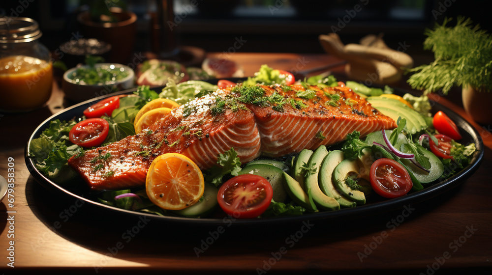 Grilled salmon fish fillet and fresh green lettuce vegetable tomato salad. generative ai
