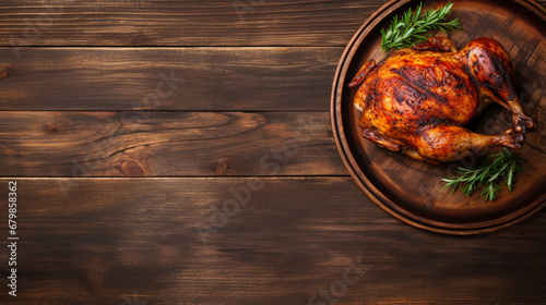 grilled turkey on plate. Baked whole chicken with mushrooms on a plate on a table. generative ai
