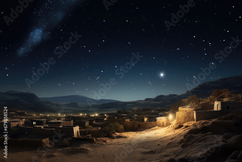 Christmas star over city of Bethlehem. Nativity story. Birth of Jesus Christ. Beautiful dark blue starry sky and bright star background photo